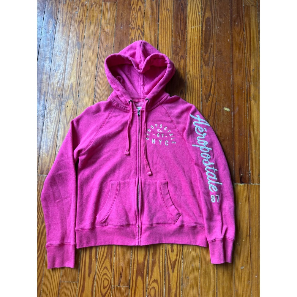Aeropostale Womens Hot Pink Full Zip Hoodie Graphic Logo Sweatshirt Size L